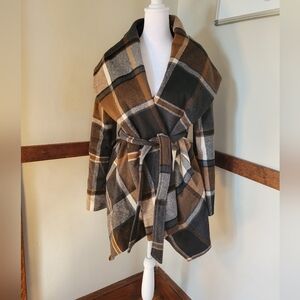 Chicwish Brown & Cream Plaid Belted Trench Coat